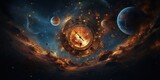 Fototapeta  - Fiery clock face in outer space among the planets.