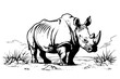 Rhinoceros in desert. Engraved lined style with bold lines. Black and white colors.