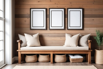 Aufkleber - Wooden rustic bench with pillows against wall with two poster blank frames. Country farmhouse interior design of modern home entryway - Mockup
