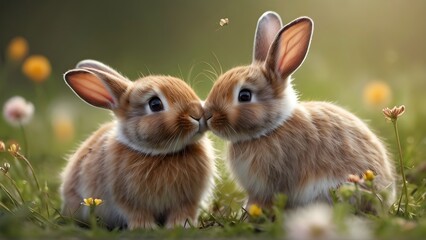 Bunny Hop of Affection, rabbits sharing a tender moment in a flower-filled meadow, generative AI