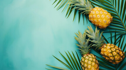  Pineapples and palm leaves on yellow color summer background. Whole tropical summer pineapples fruits and sliced pineapple halves flat lay composition with copy space