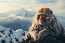  A Monkey Sitting On Top Of A Mountain With A Mountain Range In The Background With Clouds In The Sky And A Mountain Range In The Foreground With Snow Capped Mountains In The Foreground.