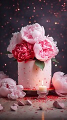 Poster - A white cake with pink flowers and a lit candle