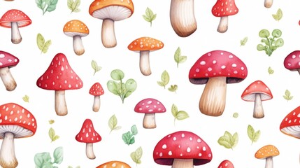 Wall Mural - A pattern of mushrooms and leaves on a white background