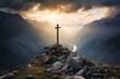  a cross on top of a mountain with a river running through the valley in the distance under a cloudy sky with sun rays coming through the clouds over the mountains.