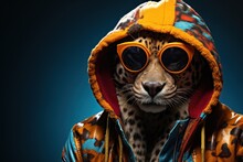  A Cheetah Wearing Yellow Goggles And A Leopard Print Jacket With A Leopard Print Hoodie And A Leopard Print Jacket With A Leopard Print Hood And Goggles.