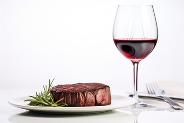  a piece of steak on a plate next to a glass of red wine and a knife and fork on a white plate with a fork and a glass of red wine.