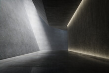 Empty Underground Concrete Hall For Parking. 3d Rendering Of Abstract Interior Background.