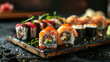 Fresh delicious Japanese sushi on a dark background. sushi, rolls