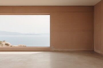 Wall Mural -  an empty room with a large window and a view of a body of water from the other side of the room on the opposite side of the wall is a large window.