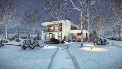 Wall Mural - 4K video rendering of modern cozy house with pool and garage for sale or rent in luxurious style and beautiful landscaping on background. Cool winter night.