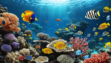 3d Wallpaper Coral Reef Tropical Colorful Fish In The Water Aquarium
