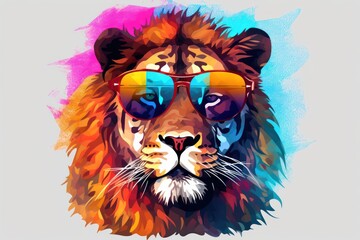 Canvas Print -  a picture of a lion with sunglasses on it's face and the colors of the rainbow on it's face, and the image of a lion wearing a pair of sunglasses.