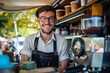 A man smiling in front of food truck coffee shop cafe owner small business concept