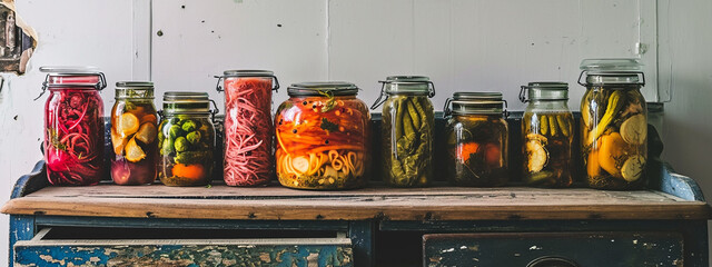 Fall seasonal pickled or fermented vegetables in cans lined up above vintage kitchen.