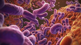 Fototapeta  - An ultra-realistic close-up scientific image of microbiota colonies in the intestine. Microbiome. Generative AI