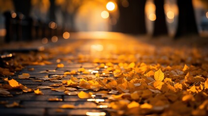  a street with yellow leaves on the ground and a street light in the background with a blurry image of the sun shining through the trees and the leaves on the ground.