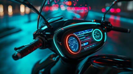 An electric scooter's modern interior, equipped with a digital display, integrated GPS, and customizable LED lighting for a sleek and connected ride.