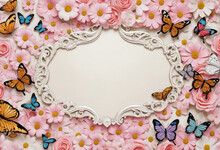 3d Wallpaper Frame With Flowers And Butterflies