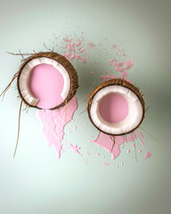 Wall Mural - Coconut cracked in half with pink milk pouring. Minimal food creative concept. Abstract pastel background.