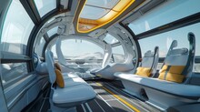 The Cockpit Of A Concept Hyperloop Pod, With Aerodynamic Design, Ergonomic Seating, And Large Windows For A Futuristic And High-speed Travel Experience.