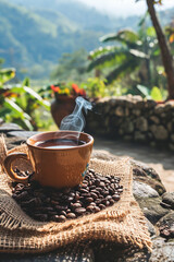 Wall Mural - Hot coffee cup with organic coffee beans on the wooden table and the plantations background with