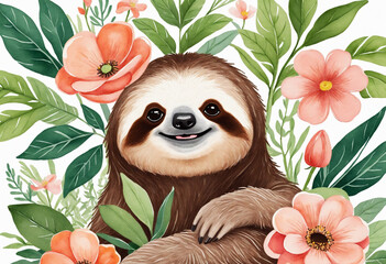 Whimsical Sloth Art with Flowers for Kids Wall Decor