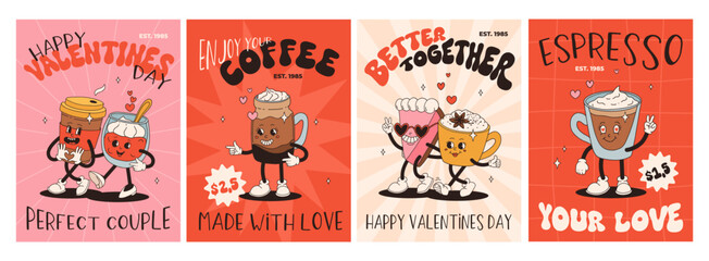 Wall Mural - Valentine's Day set of funny vintage characters. Happy and cheerful retro. Old animation 60s 70s, groovy cartoon characters of coffee and sweets, donut, cupcake, espresso, latte, cocoa, cake. present.