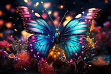  A Blue And Pink Butterfly Sitting On Top Of A Field Of Flowers On A Dark Background With A Bright Light Coming From The Top Of The Butterfly's Wings.