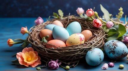 Wall Mural - Nest with colorful Easter eggs and flowers on blue background, copy space