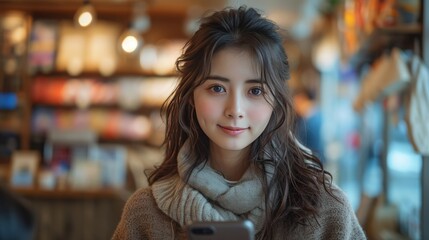 Poster - Young Asian beautiful woman using smart phone for business, online shopping, transfer money, financial, internet banking. in coffee shop cafe