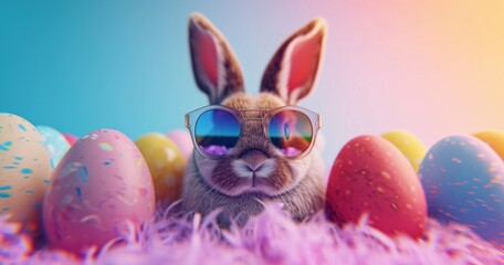 Wall Mural - joyful bunny in a fiesta setting, wearing sunglasses and surrounded by a festive array of Easter eggs, creating a vibrant and celebratory composition