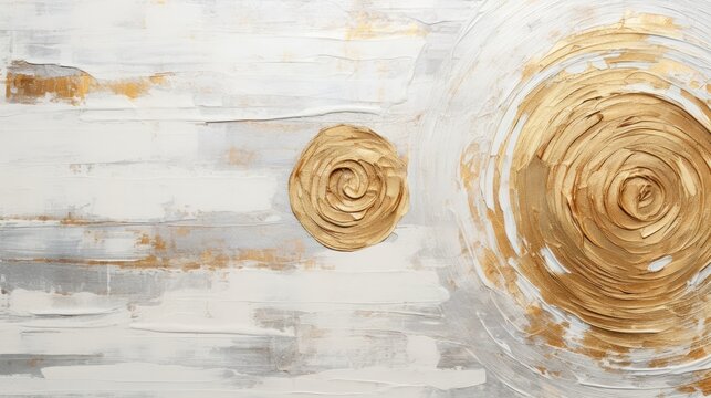 Generative AI, White and golden painted colors, circle shapes vintage painting background. Grunge old oil impasto painted wall texture	
