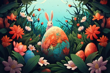 Wall Mural - cute easter bunny and colorful eggs holiday design illustration