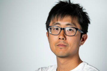 Scholarly portrait of an Asian man with glasses, intellectual look, white background