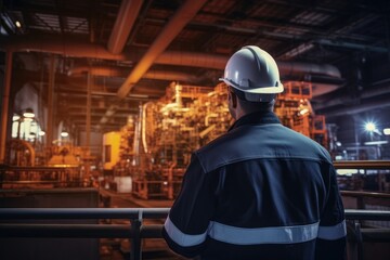 Aufkleber - Rear view of male engineer standing in front of industrial plant at night, Engineer working at gas turbine electrical power plant industrial and intelligent factory, AI Generated