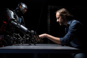 Poster - young man and robot working on table in dark office, artificial intelligence concept, Engineers test the control of robot arm, AI Generated