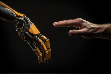 Poster - Close-up of robot hand reaching out to human hand on black background, Engineers test the control of robot arm, AI Generated
