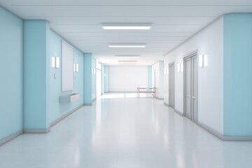 Sticker - modern hospital corridor with blue walls and white floor. 3d rendering, Empty modern hospital corridor background, Clinic hallway interior, AI Generated