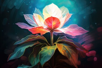 Wall Mural - Illustration of a lotus flower on a dark background with bokeh effect, Digital illustration portraying a colorful plant against a background illuminated with lights, AI Generated