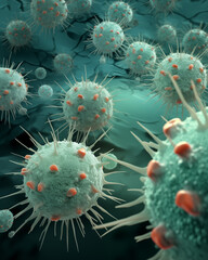 Wall Mural - group of cancer cells or virus. mostly green colour. 3d rendered illustration of a bacteria