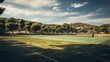 Outdoor tennis court over green park background. Sunny summer day. Empty stadium