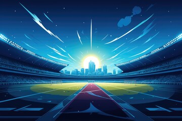 Night stadium with lights and rays. Vector illustration. Eps 10, Empty stadium illustration with running track under spotlight at night, AI Generated