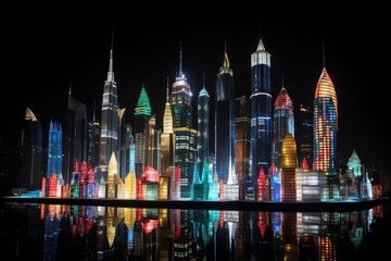 Canvas Print - A mesmerizing view of a city with numerous towering buildings, brilliantly lit up against the night sky., A skyline view of skyscrapers decorated for a city’s anniversary celebration, AI Generated