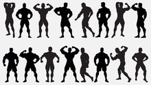 Muscular Bodybuilder Vector Silhouette Illustration Isolated On White Background. Sport Man Strong Arms. Body Builder Athlete Showing Muscles. Boy With Muscular Body Pose Exhibition In Competition.