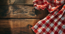 Top View Of Red Checkered Tablecloth On Blank Empty Wooden Table Background Banner, Food Concept