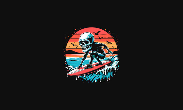 skull playing surfing on sea vector artwork design