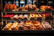 A display case exhibiting a wide variety of doughnuts of different types and flavors., A spread of delectable pastries in a bakery display case, AI Generated