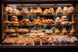 A display case showcasing a wide variety of delicious pastries., A spread of delectable pastries in a bakery display case, AI Generated