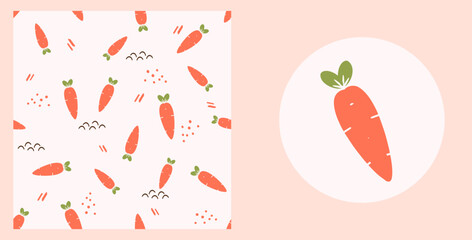 Seamless pattern with carrot on white background. Carrot on circle sign vector.